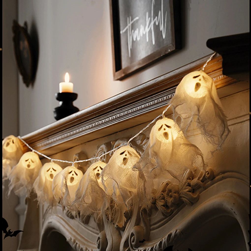Light Up Ghost Garland 10/20 LED Battery Operated Handmade Ghost String Lights for Home Window Halloween Party Decor