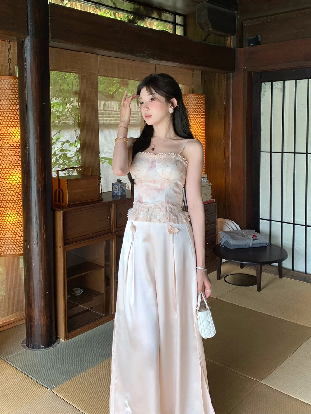 

Женские летние брюки NMIOK Silkin Drapey с широкими штанинами, тонкие, с высокой талией, длинные, с эффектом гладкого атласа, с боковыми разрезами, розовые, прохладные на ощупь