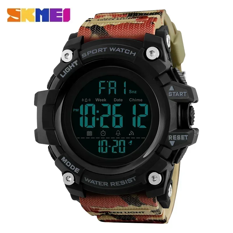 SKMEI 1384 Army Camouflage Sport Watch Stopwatch Count Down Mens Digital Watches Soft Clock for Male with Shockproof 2 Time