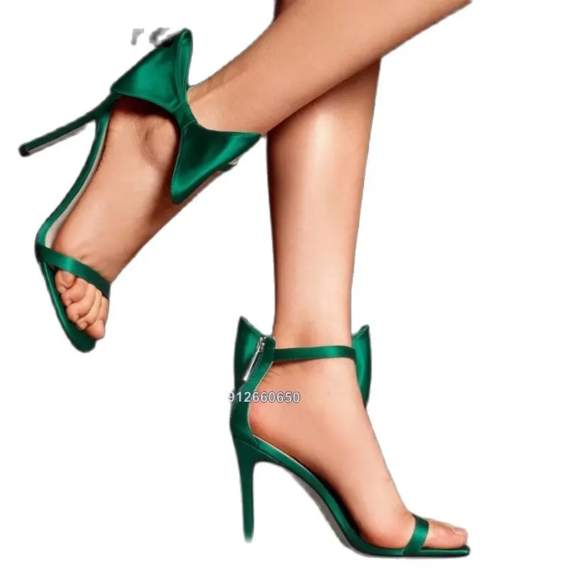 

Silk Green Bow Knot Sandals Back Zipper Open Toe Runway Shoes Satin Sandals For Women Stilettos High Heel Wedding Shoes On Heels