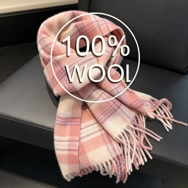 Luxury Winter 100% Wool Scarf Women Plaid Cashmere Handkerchief Warm Pashmina Female Shawl Pareo Soft Bufanda British Korean