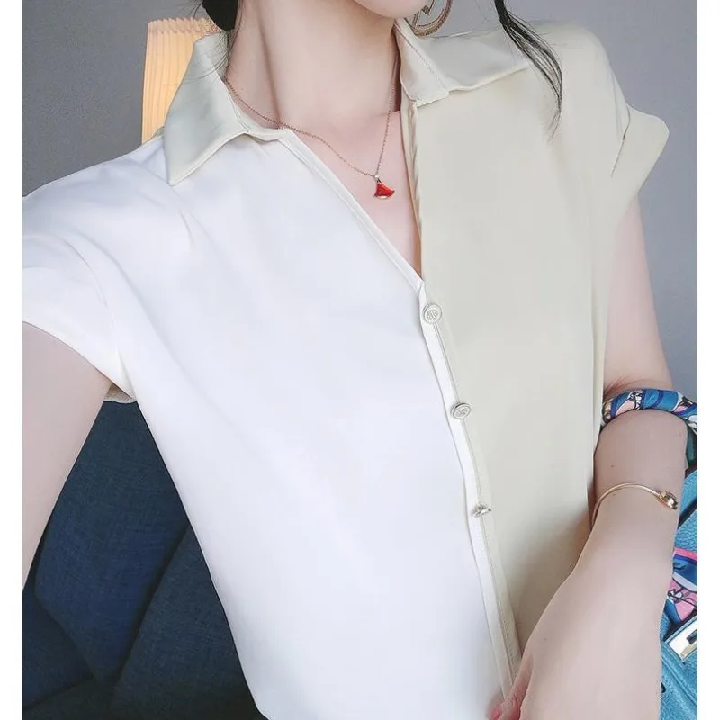 Minimalist Commute 2024 Summer Blouses Women\'s Patchwork V-neck Color-blocked Button Loose Fashion Short Sleeve Pullover Shirts