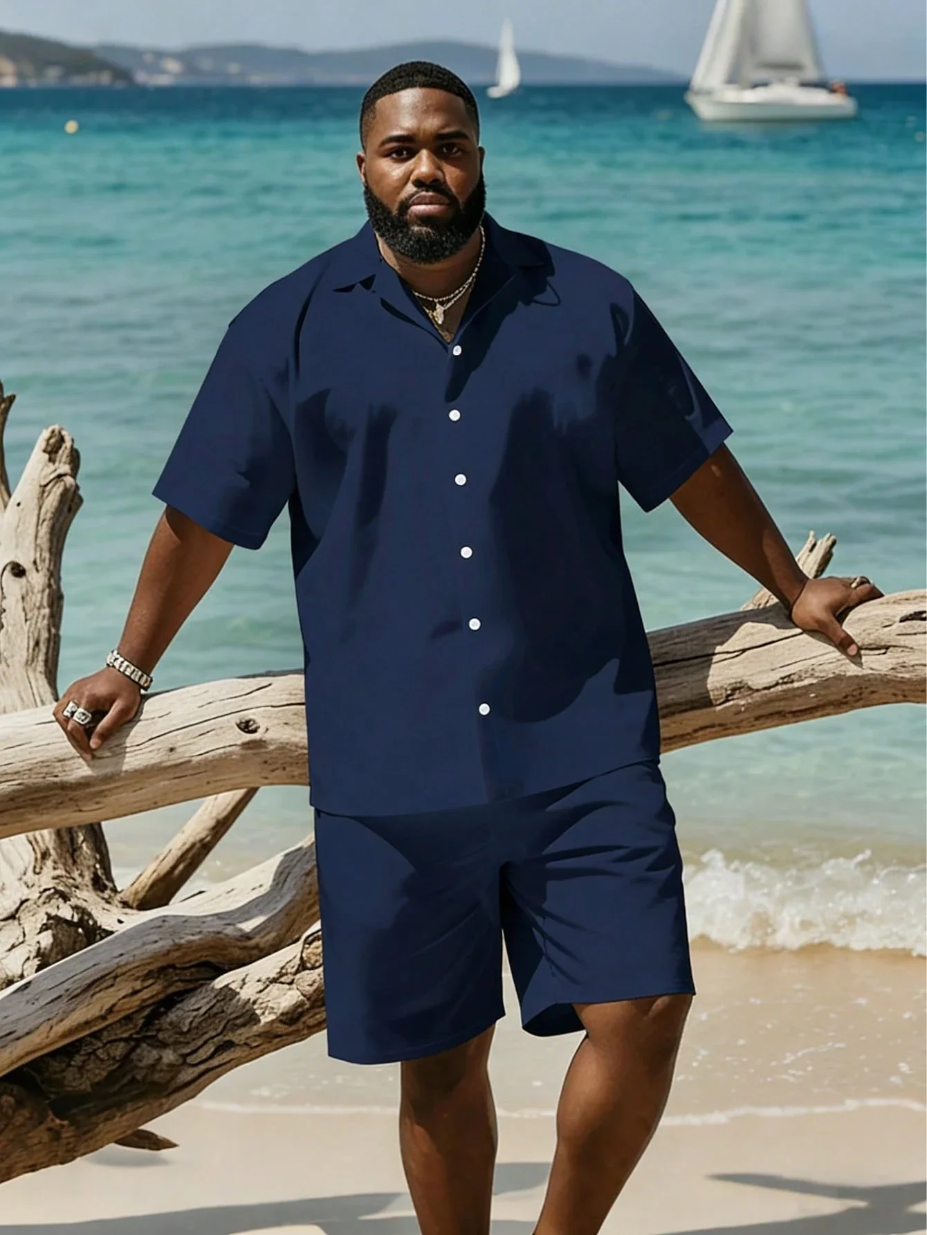 

Men Plus Size Navy Blue Short Sleeve Shirt And Shorts Co-Ord Set Casual Beach Outfit