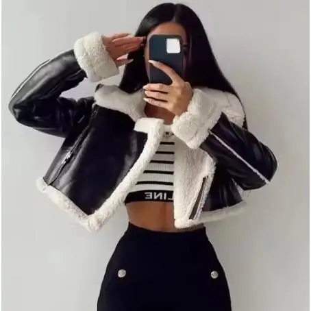 Faionable gola de pele de cordeiro jaet outerwear feminino busin casual ort casaco cross-border sle turn-down colarinho material do plutônio