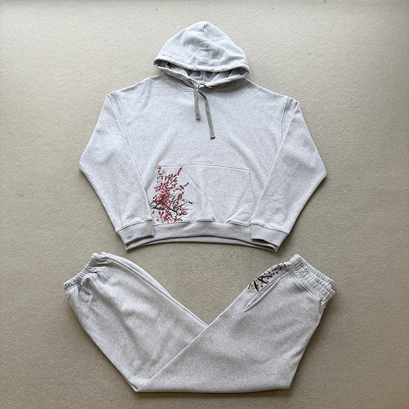 

2026 American Derschutze Heavyweight Street Floral Embroidery Casual Sportswear Hoodie Sweatpants Set