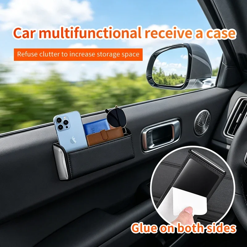 Car Adhesive Storage Box Leather Organizer with Charging Hole Paste‑on Pouch for Phone Sunglasses Car Home Universal Accessories