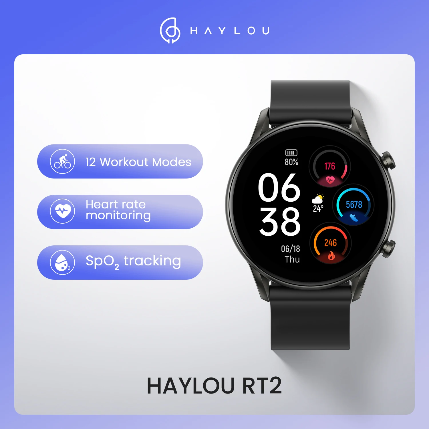 Go! Haylou RT2 smart watches IP68 Waterproof Blood oxygen monitor 12 Sport Models Heart Rate Monito Sleep monitor Custom watch