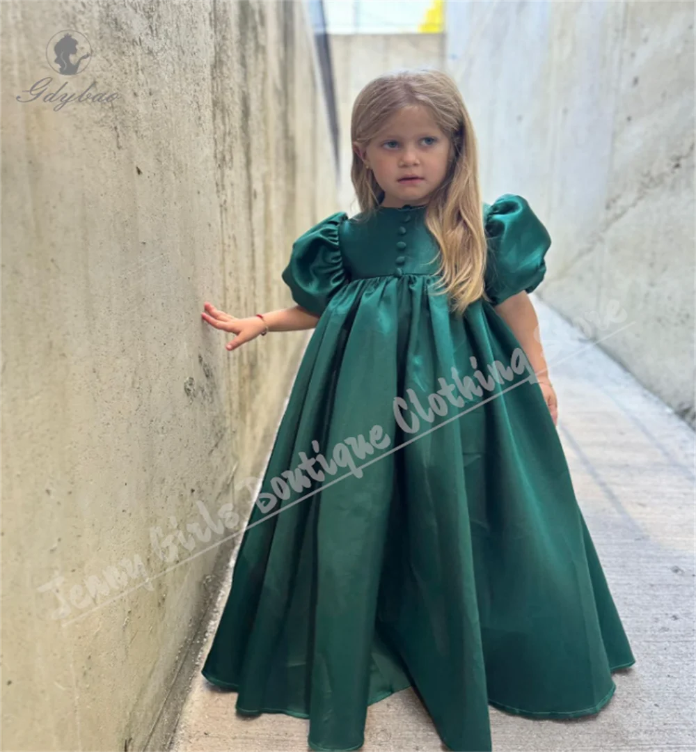 فستان فتاة الزهور من الساتان الأنيق منتفخ باللون الأحمر لحفلات الزفاف بأكمام قصيرة منتفخة بطول الأرض فستان عيد ميلاد للأطفال الصغار #5