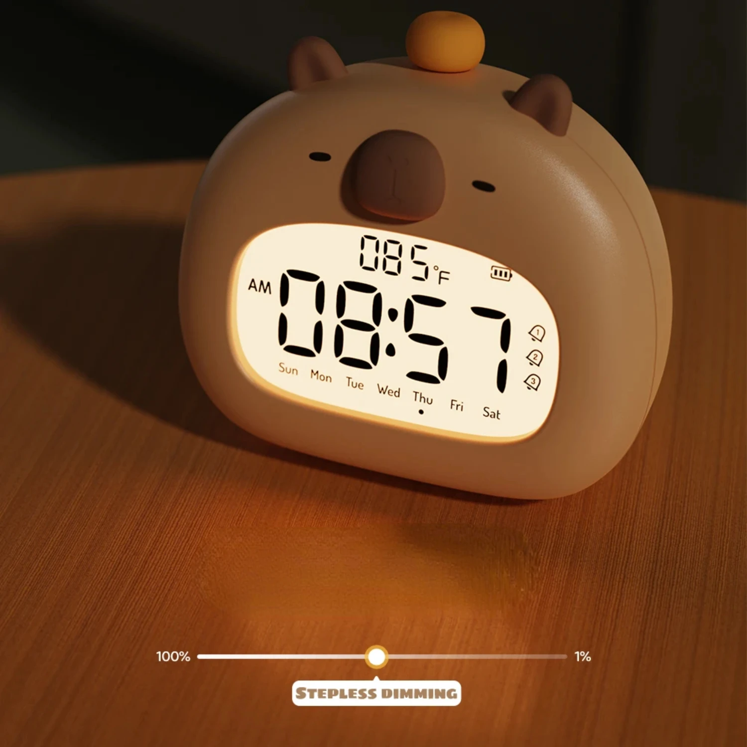 Gentle Temperature Display Cute Rechargeable Alarm Clock for Kids with Adorable Little Capybara Theme, Calming Sounds and Night 