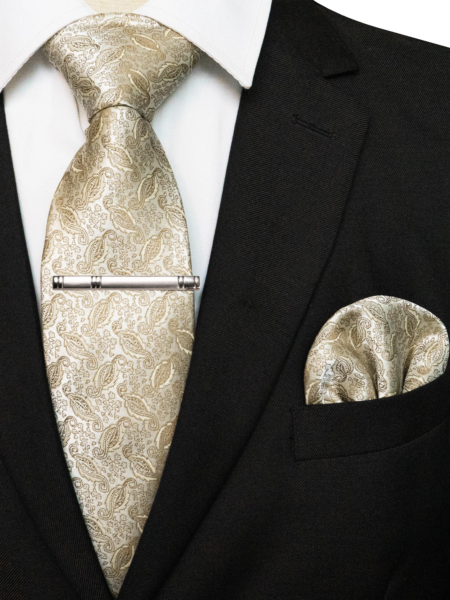 KAMBERFT Klassische Herrenkrawatte mit Krawattenklammer und Einstecktuch, 3-teiliges Set für Büro, Hochzeit, Party – Detail 17