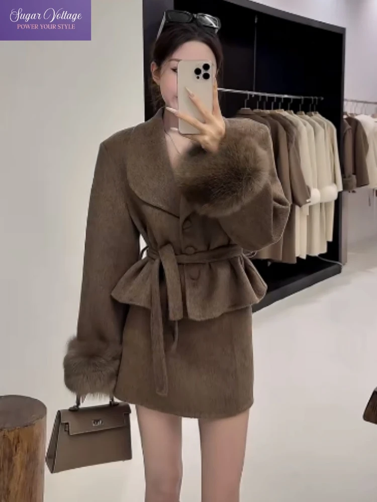 

French Retro Elegant Wool Two Piece Set Women Autumn Winter Belted Coat + Skirt Outfit Vintage Brown Lapel Plush Sleeve Suit