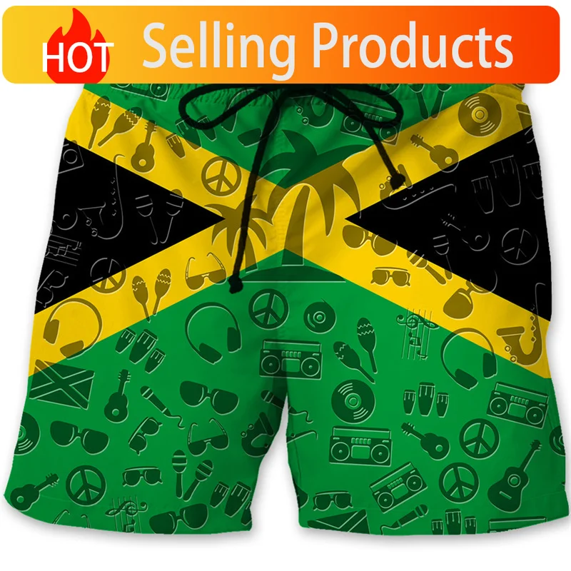 Jamaica 3D Printed Beach Shorts For Men Jamaican Flag Pattern Surf Board Shorts Summer Vacation Swim Trunks Quick Dry Ice Shorts