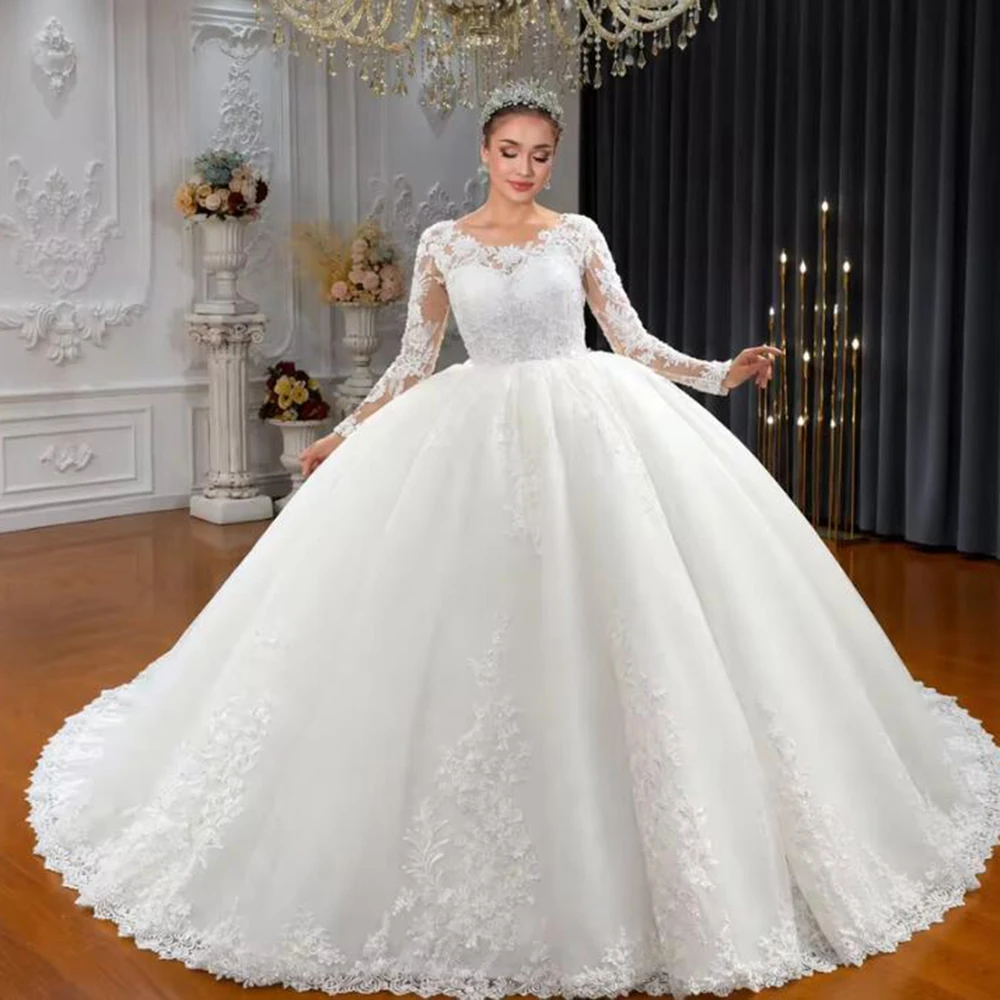 Luxury Princess Ball Gown Wedding Dresses For Bride Lace Appliques Long Sleeves Bridal Marriage Formal Clothing Robe De Mariee