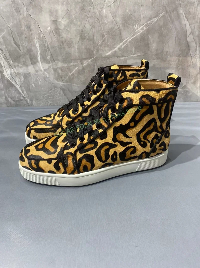 Men Woman Fashion Yellow Brown Leopard Print High Top Boots Comfortable Flat Heel Round Toe Lace Up Male Ankle Boots Shoes