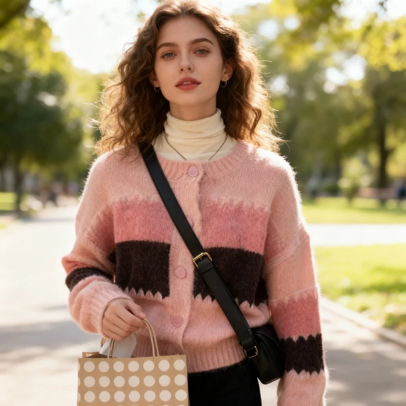 

Korean O Neck Color Blocked Sweet Single Breasted Women's Knitted Cardigan Chic Autumn Winter New Retro Striped Short Coat 15