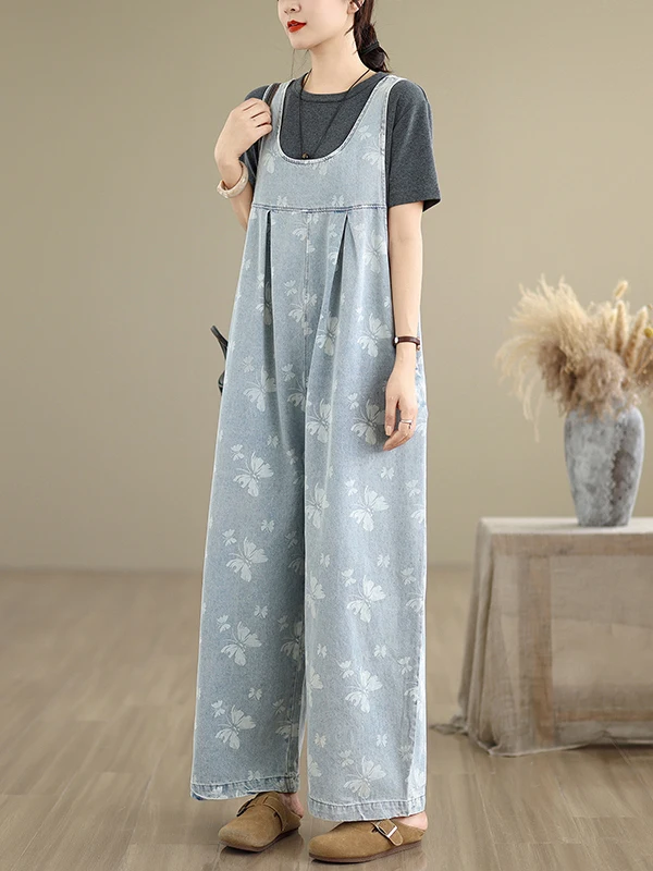 أفرول جينز نسائي عصري بمقاسات كبيرة، تصميم صيفي جديد بطباعة عتيقة، بنطلون جينز فضفاض بأرجل واسعة وخصر مرتفع