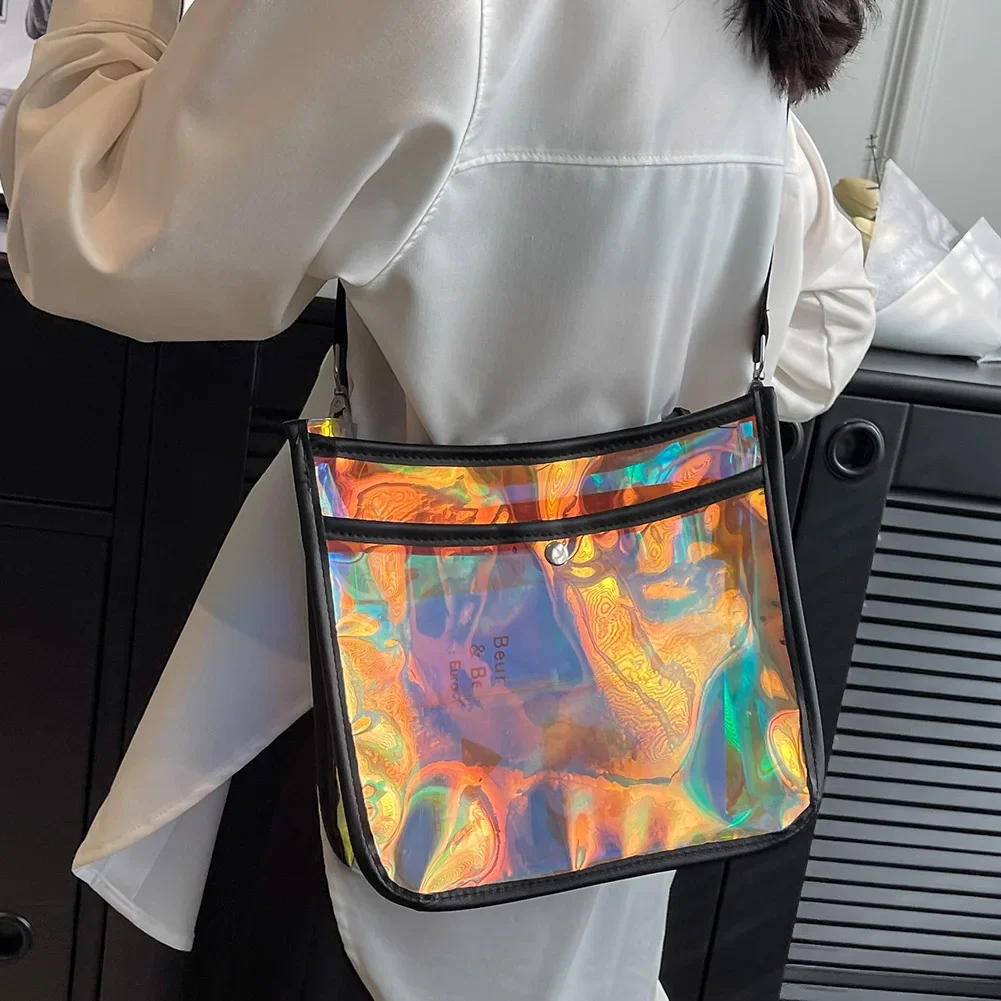 Women Hobo Bag Plastic Laser Transparent Satchel Bags Wide Shoulder Strap Fashion Temperament Versatile for Leisure Travel Work