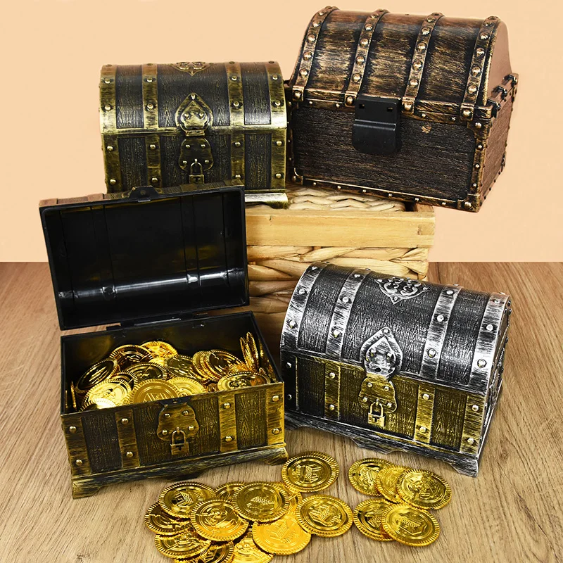 Vintage Pirate Treasure Chests Gold Coins Gems Jewelry Storage Organizer Box for Kids Birthday Pirate Party Favors