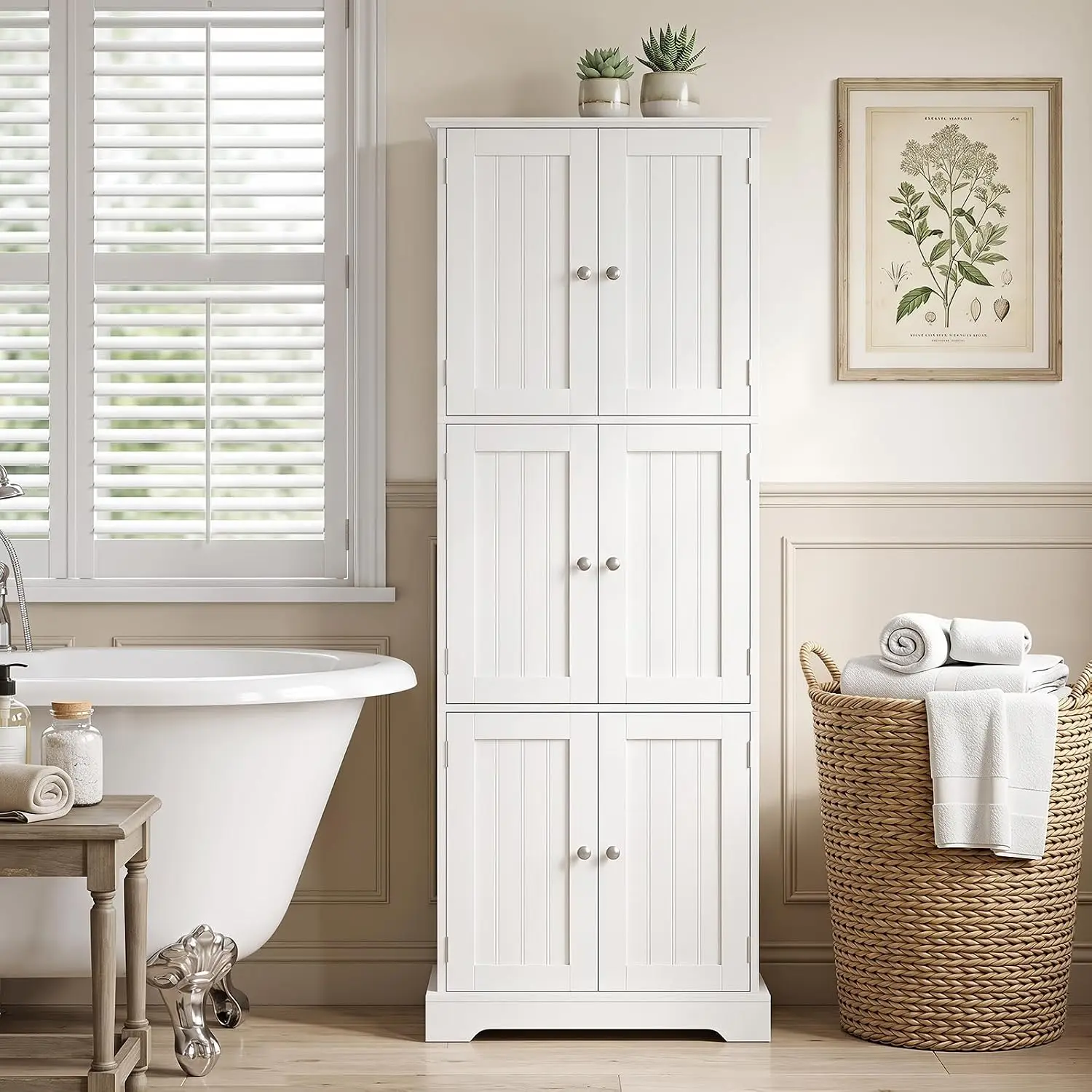 63 Inch Tall Bathroom Storage Cabinet with 6 Doors, Freestanding Utility Cupboard for Home Living Room, White