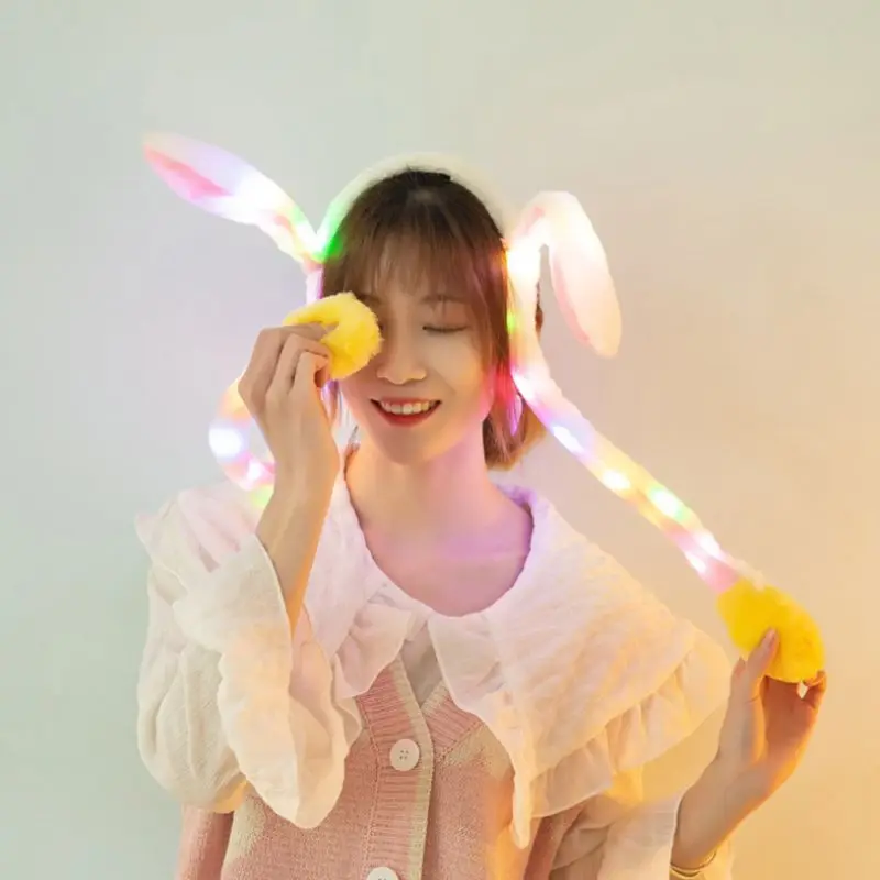 Women Girls Cute LED Light Up Rabbit Headband with Airbag Moving Ears Children Bunny Long Plush Toy Hair Hoop Photo Prop