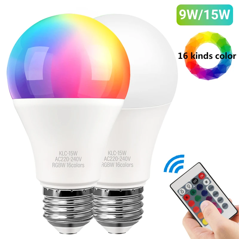 E27 led rgb lampe lichter 9w 15w rgbw licht 110v led lampada 16 farben 24 schlüssel ir fernbedienung lampe 220v sockel haushalts led licht