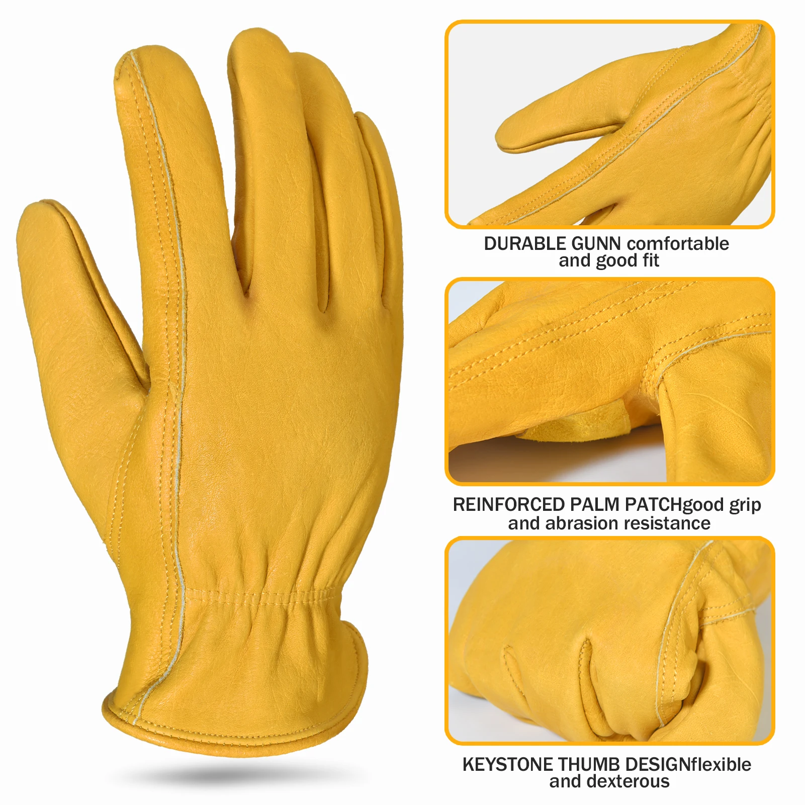 1pair Flex Grip Leather Work Gloves Stretchable Wrist Tough Cowhide Working Glove