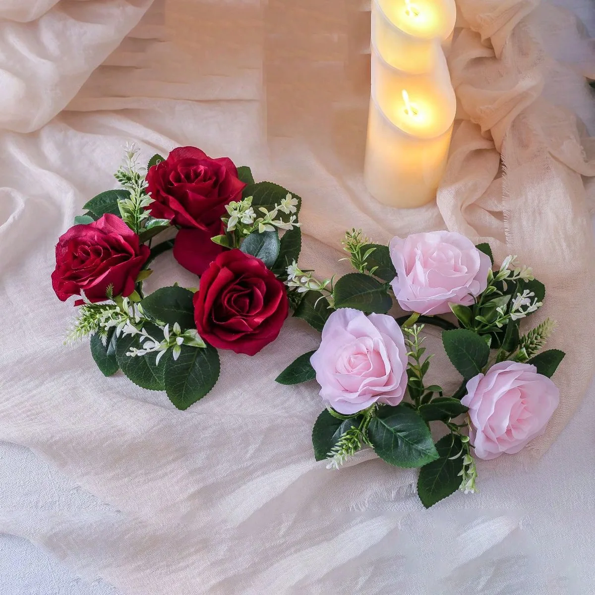 Simulated Rose Candle Holder Wreath Ring, Used For Restaurant, Living Room, Party, Wedding Decoration
