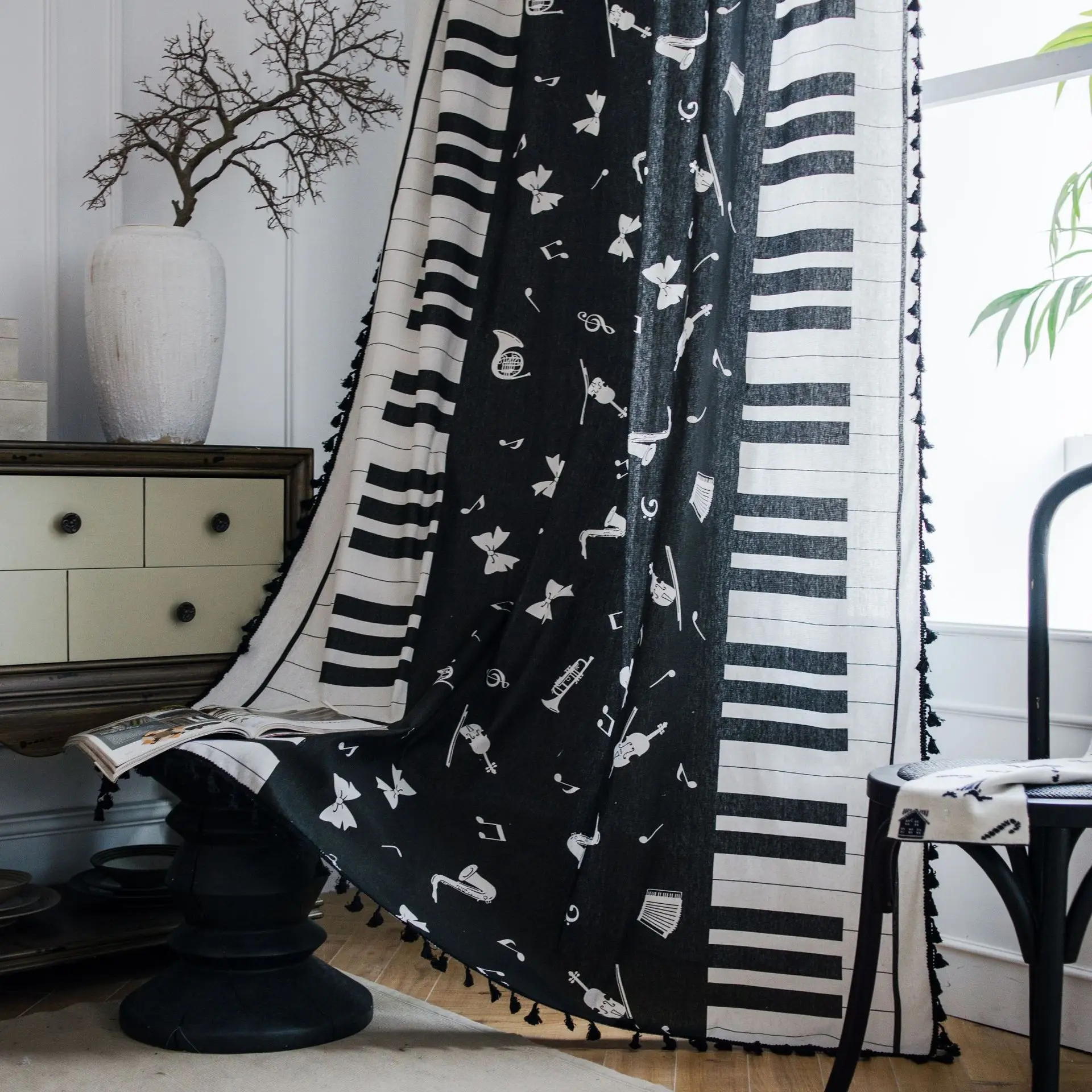 

American Black Tassel Kitchen Curtain Cotton and Linen Piano Print Country Style Semi Shade Window Curtain