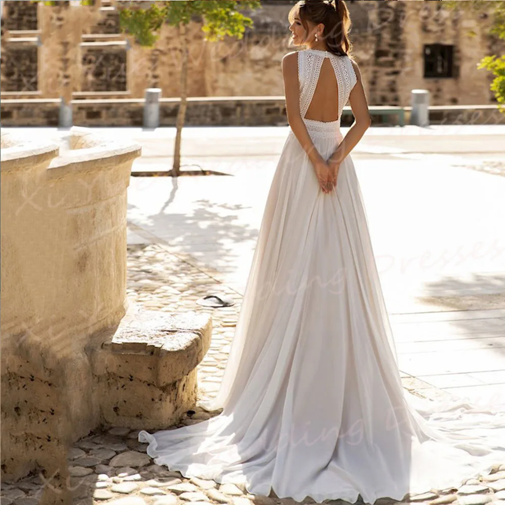 Vestidos de Novia bohemios con cuello redondo y espalda descubierta, Vestidos de Novia de gasa sin mangas de encaje modernos, Vestidos de Novia hechos A medida