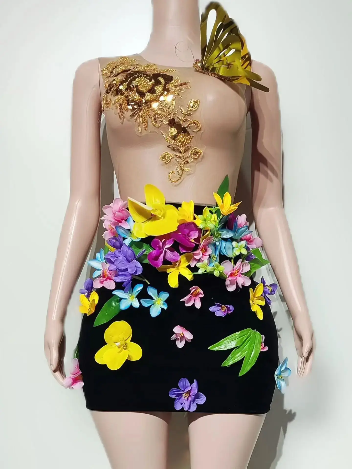 Women Sexy Mesh Crystal Diamonds Flower See Through Butterfly Costume Stage Dancer Mini Stretchy Night Club Party Dress