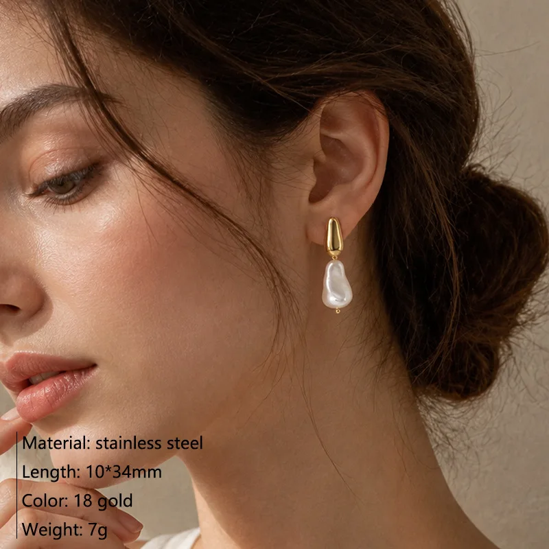 Baroque Irregular Pearl Drop Earrings Stainless Steel Teardrop Dangle Earrings Women Elegant Wedding Fashion Jewelry Gift