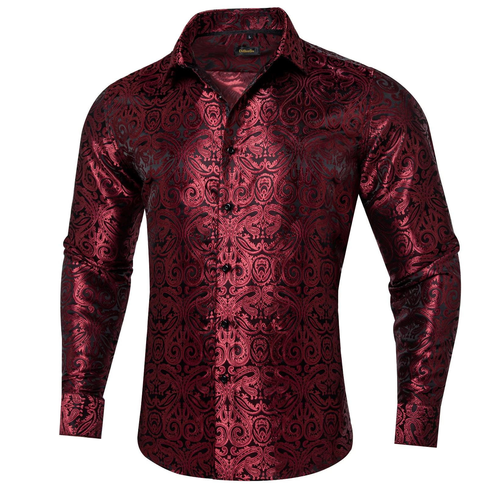 Red Paisley Long Sleeve Men Shirt  Silk Jacquard Wedding Solid Luxury Social Turn Down Collar Dress Shirts with Collar Pin