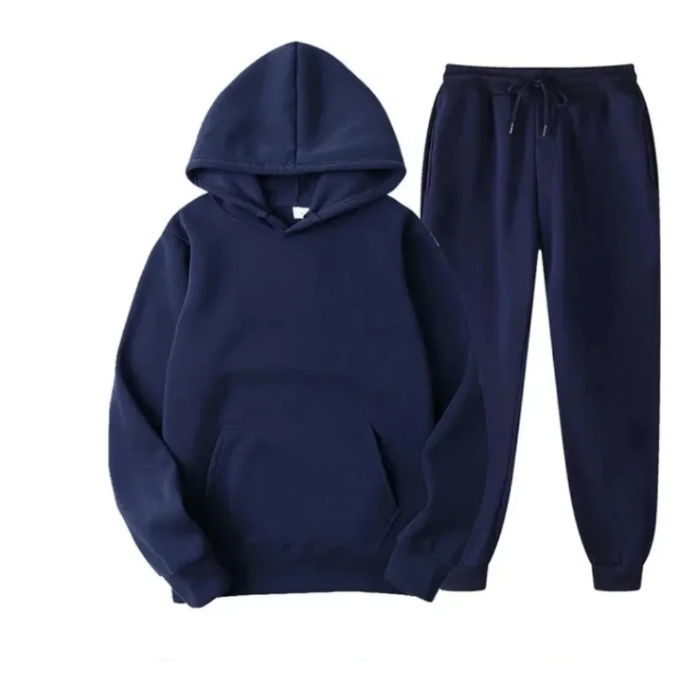 New Men Women Tracksuit Hoodies Casual Solid Color Thick Pullover and Long Pant 2-piece Set Men Autumn Fleece Jogger Sports Suit