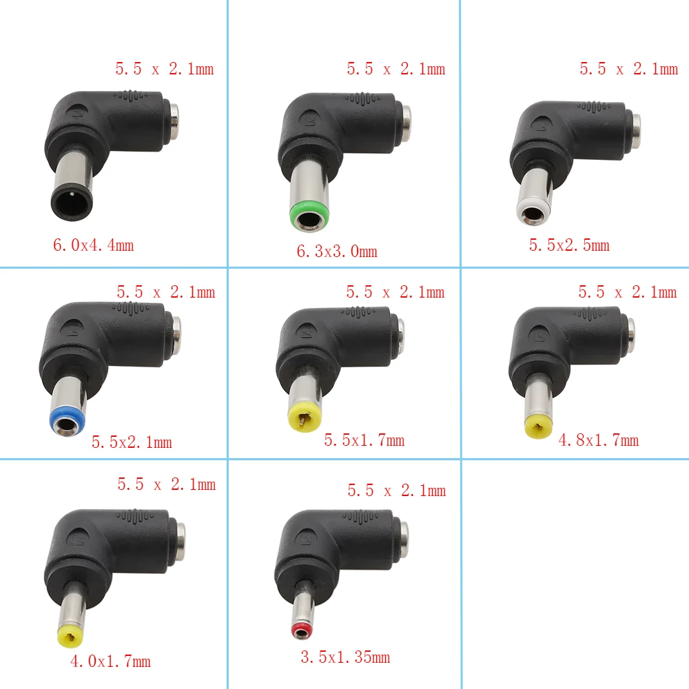 DC 5.5 x 2.1 Female Jack Power Adapter to 3.5x1.35/4.0x1.7/4.8x1.7/5.5x2.1/5.5x2.5/6.3x3.0/6.0x4.4mm 90 Degree Male DC Connector