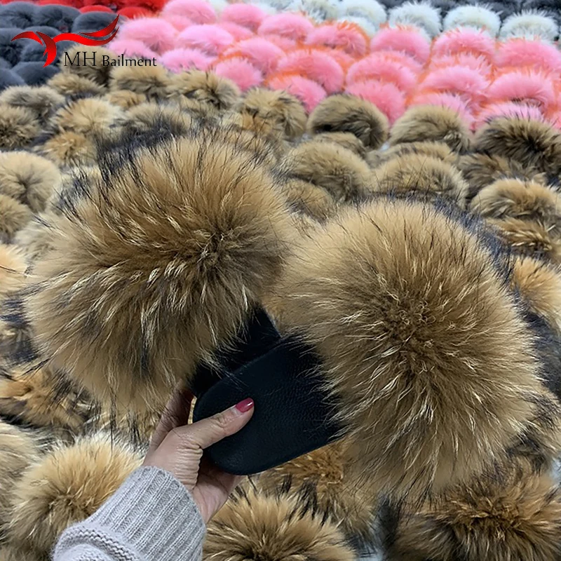 Real Raccoon Fur Slippers For Women 2023 Summer Fluffy Indoor House Fuzzy Flat Slides Outdoor Fashion Beach Sandals Flip Flops