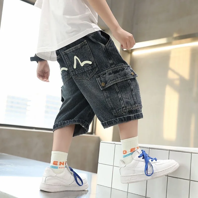 Boys Cargo Denim Shorts Fashion Baggy Knee-length Shorts Jeans with Multi Pockets New 2026 Kids Summer Casual Streetwear