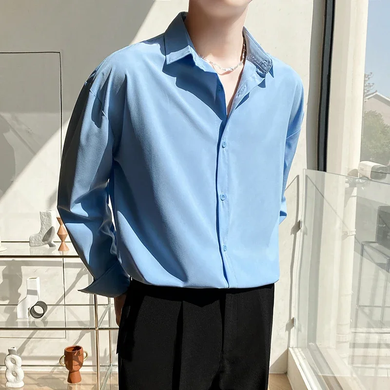 Autumn New Men's Long Sleeve Shirts Fashion Korean Baggy No-iron Business Casual Elasticity Lapel Collar Shirt  White Light Blue