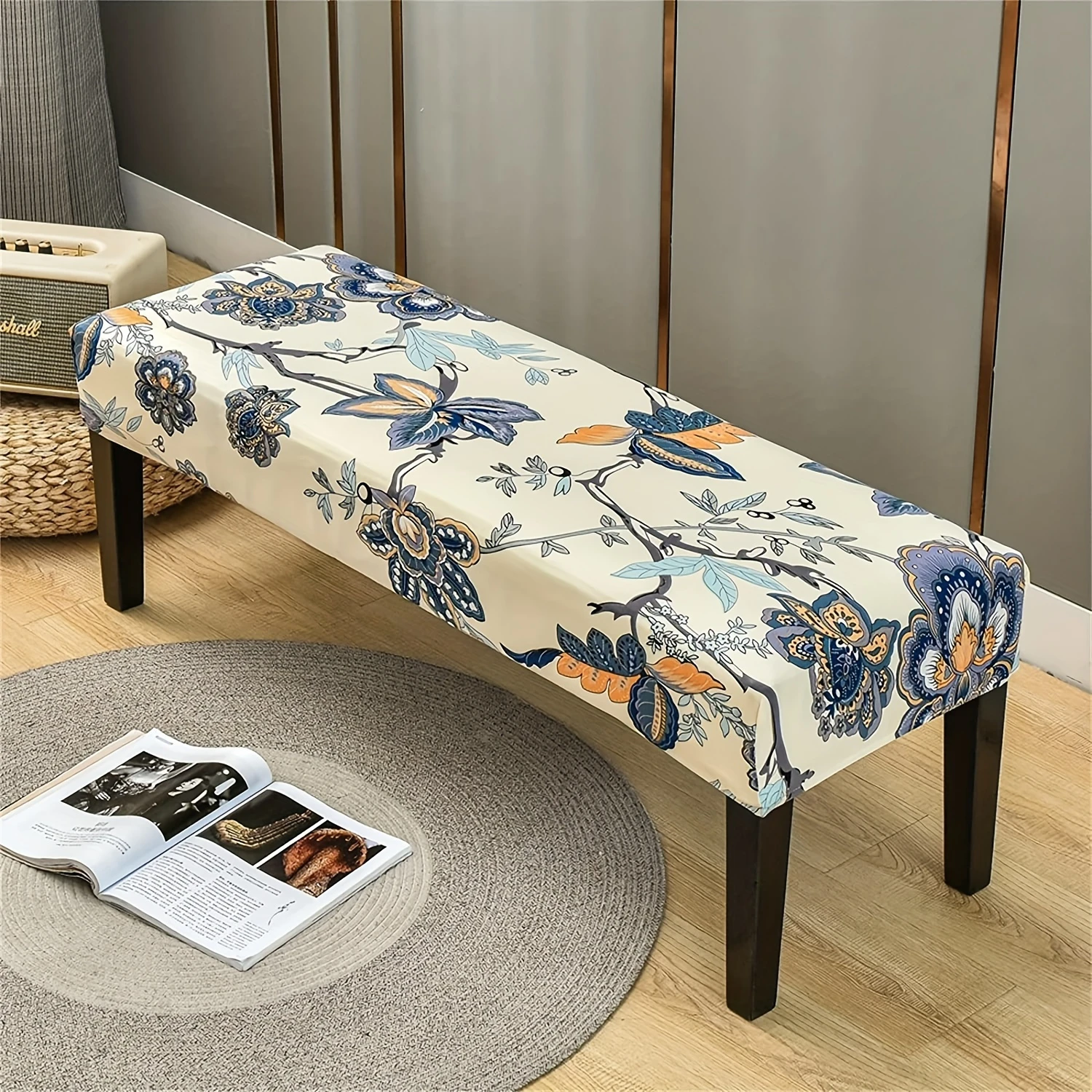 1pc Printed Anti-fouling Bench Cover, Spandex Bench Slipcover, Household Stool Cover  Protector For Bedroom Office Living Room  