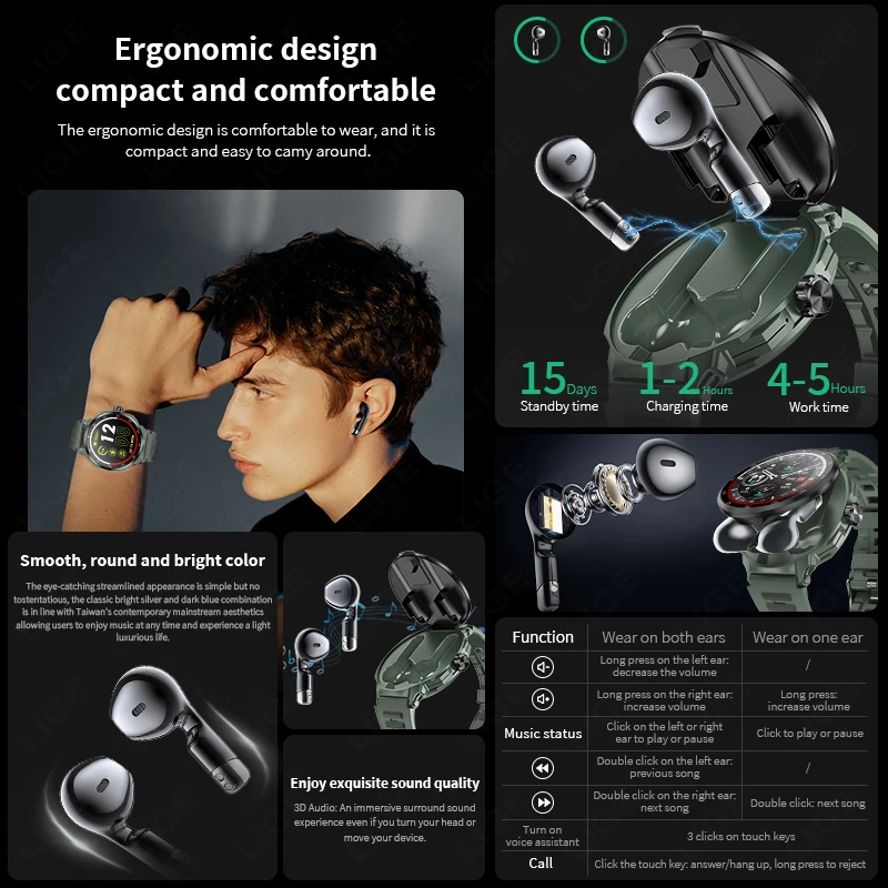 LIGE Sports Running Wireless Earphones Smart Watch Men's Bluetooth Call Driving Bluetooth Earphones Smart Watch Waterproof Watch