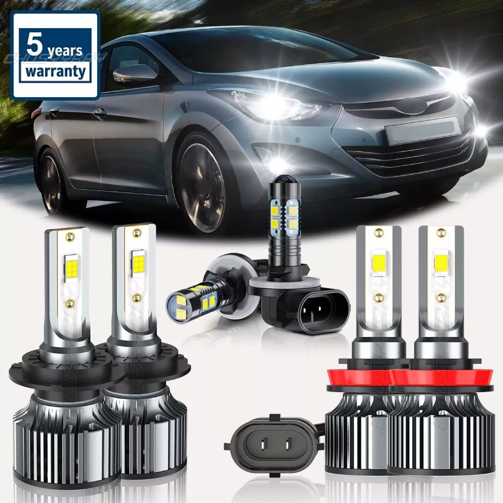 6x H7/H8/H9/H11/881 LED Headlight Hi Lo Beam Fog Light Bulbs 12V 6500K 20000LM Super Bright White For Hyundai Elantra 2014-2016