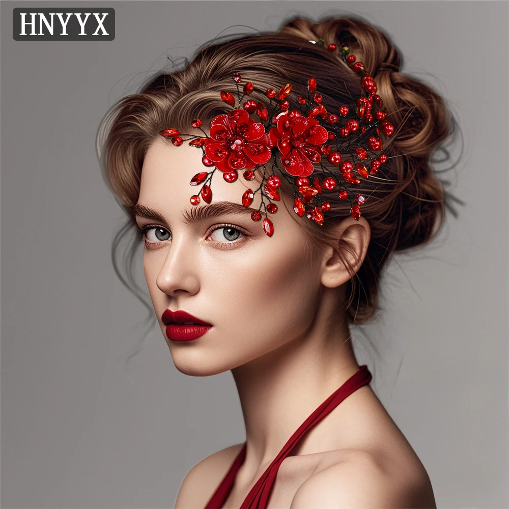 HNYYX Pearl Bridal Headband Fashion Handmade Alloy Flower Party Headpiece Red Crystal Wedding Ladies Hair Accessories A265