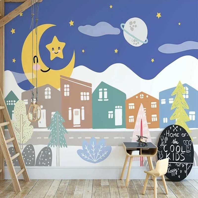 

Hand-Painted Cartoon House Town Scene Wall Mural Custom Kids Room Background Wallpaper Wall Papers for Nursery Playroom Decor