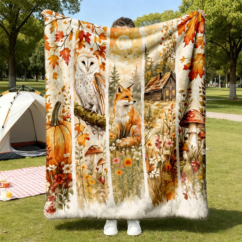 Hello Fall Flannel Blanket, Autumn Vibes Flannel Throw, Cottagecore Pumpkin Fox Owl Nature Lovers Gift