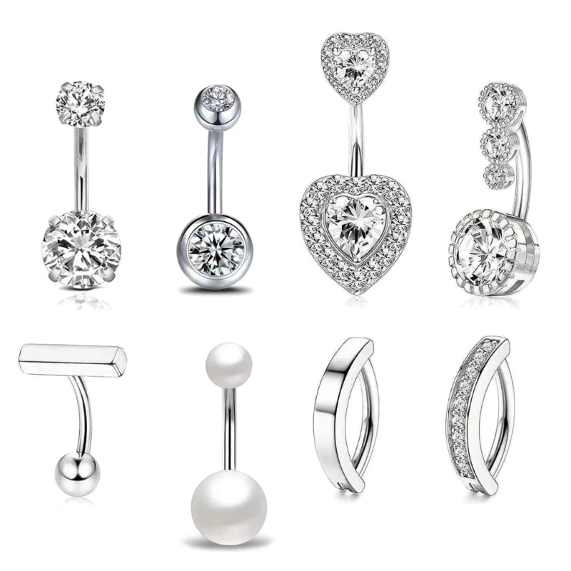 YQ 8pc Belly Button Rings for Women Hypoallergenics Surgical Stainless Steel Belly Rings Clickers Belly Button Piercing Navel