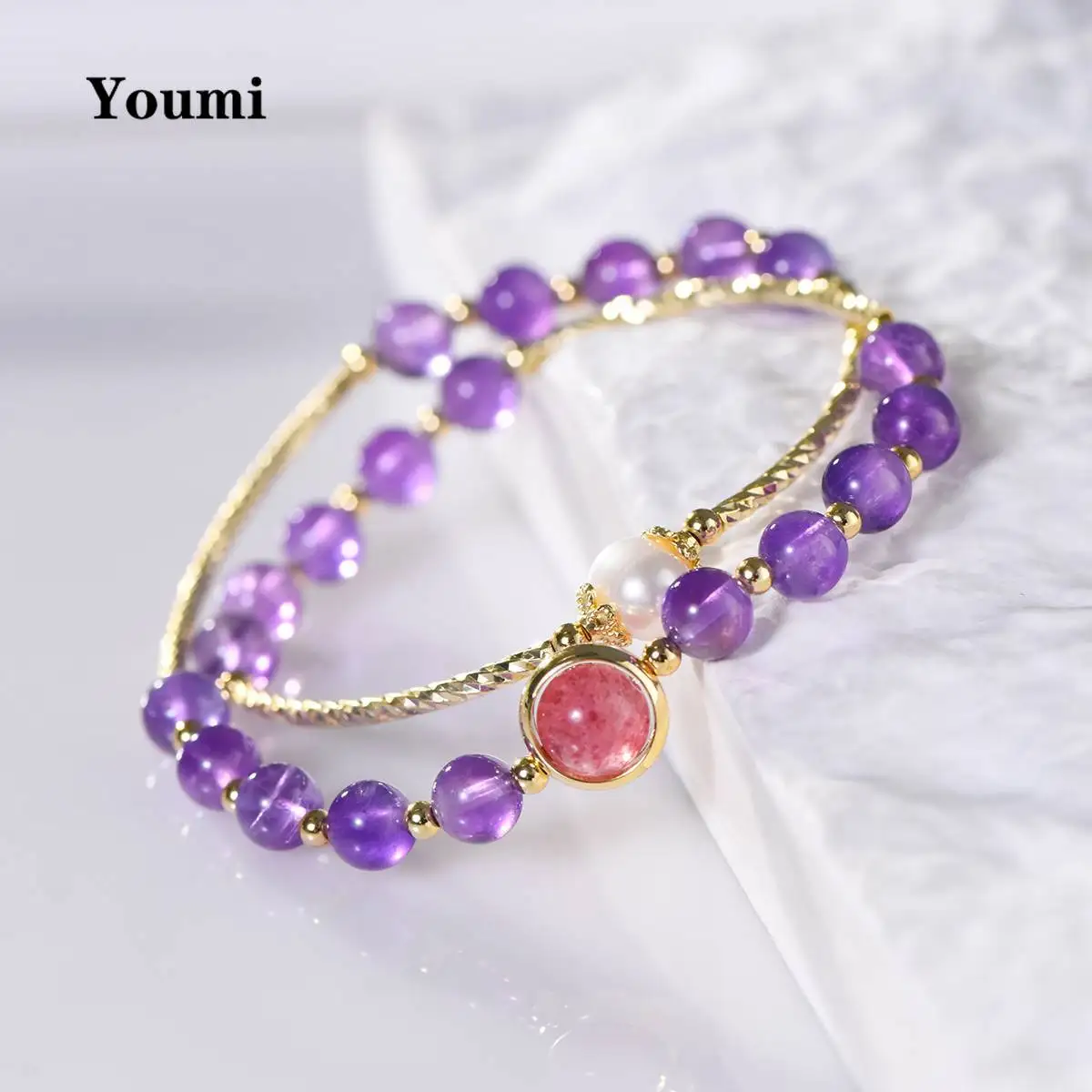 Fashionable Natural Amethyst Double Loop Bracelet Pearl Strawberry Crystal To Attract Lucky Bracelets Cute Girl Jewelry Gifts