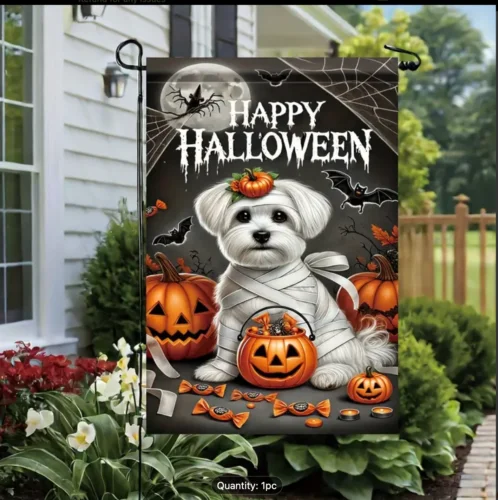 Happy Halloween Garden Flag with Bandaged Maltese Design 12