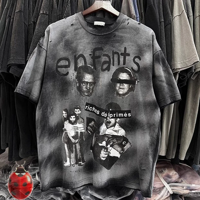 

Tie-Dye Wash Make Old Hole Refuse Violence Print ERD T-Shirt Men Women Heavy Fabric Loose Streetwear Short Sleeve Tosp Tee