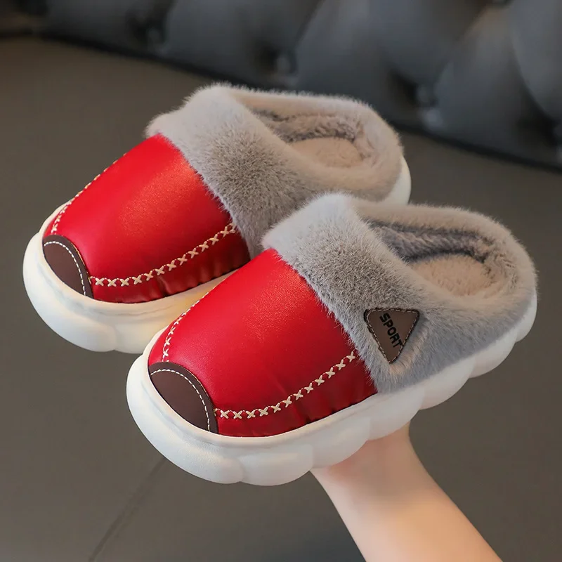 Women\'s Cotton Slippers Home Shoes Warm Female Winter Waterproof Indoor Leather Slippers Little Girls Soft Sole Woman Slides