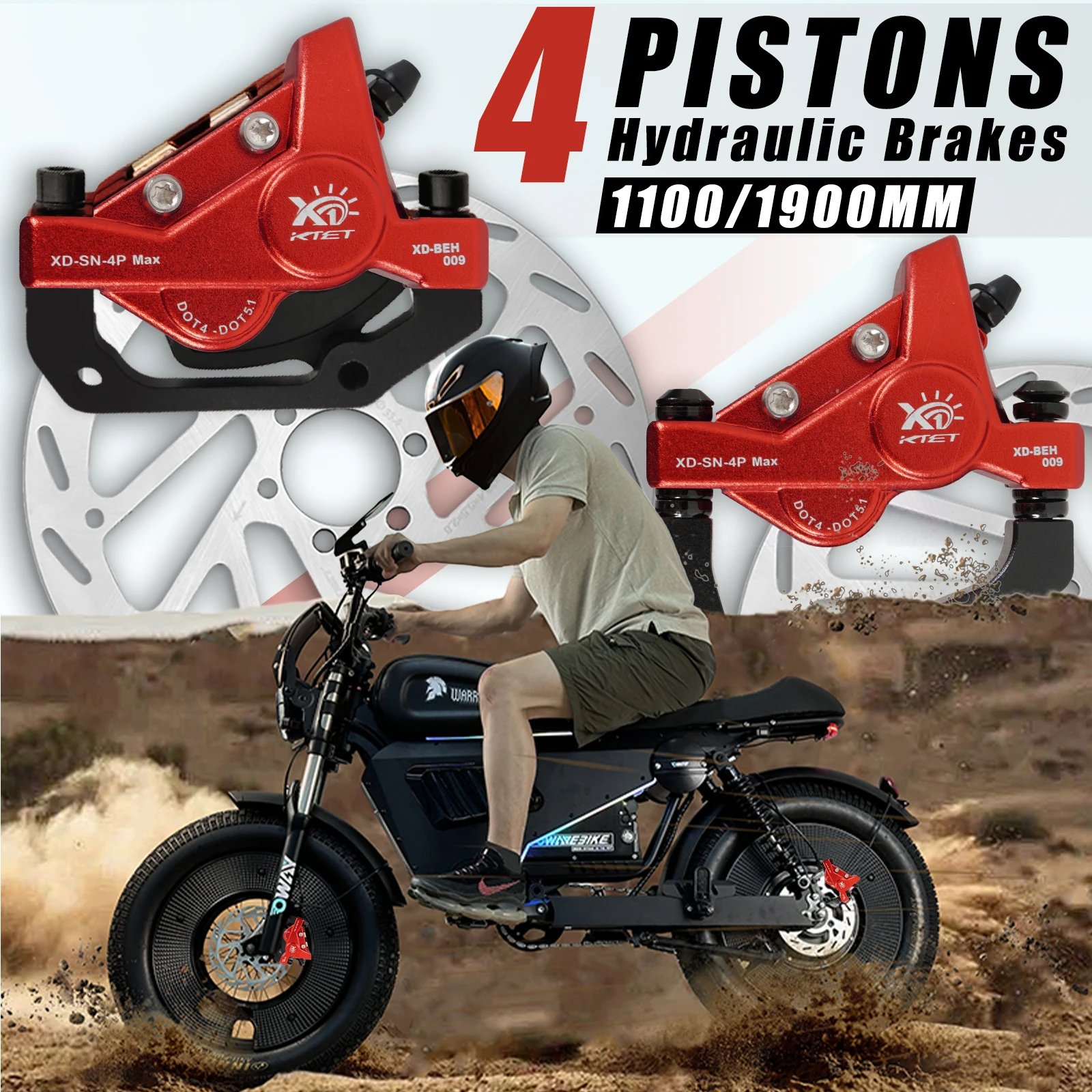 

4 Piston Hydraulic Brakes for Ebike: 2 PIN Waterproof Power-Off Connector, Pre-Bleed Filled with DOT 4 Brake Fluid Brake Kit