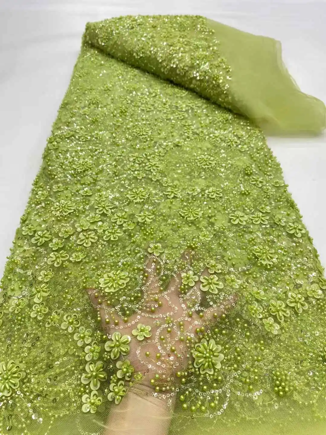 Latest French Mesh Lace Beads Fabric High Quality African Nigerian Tulle Mesh Lace Luxury Wedding Dresses For Women-DP